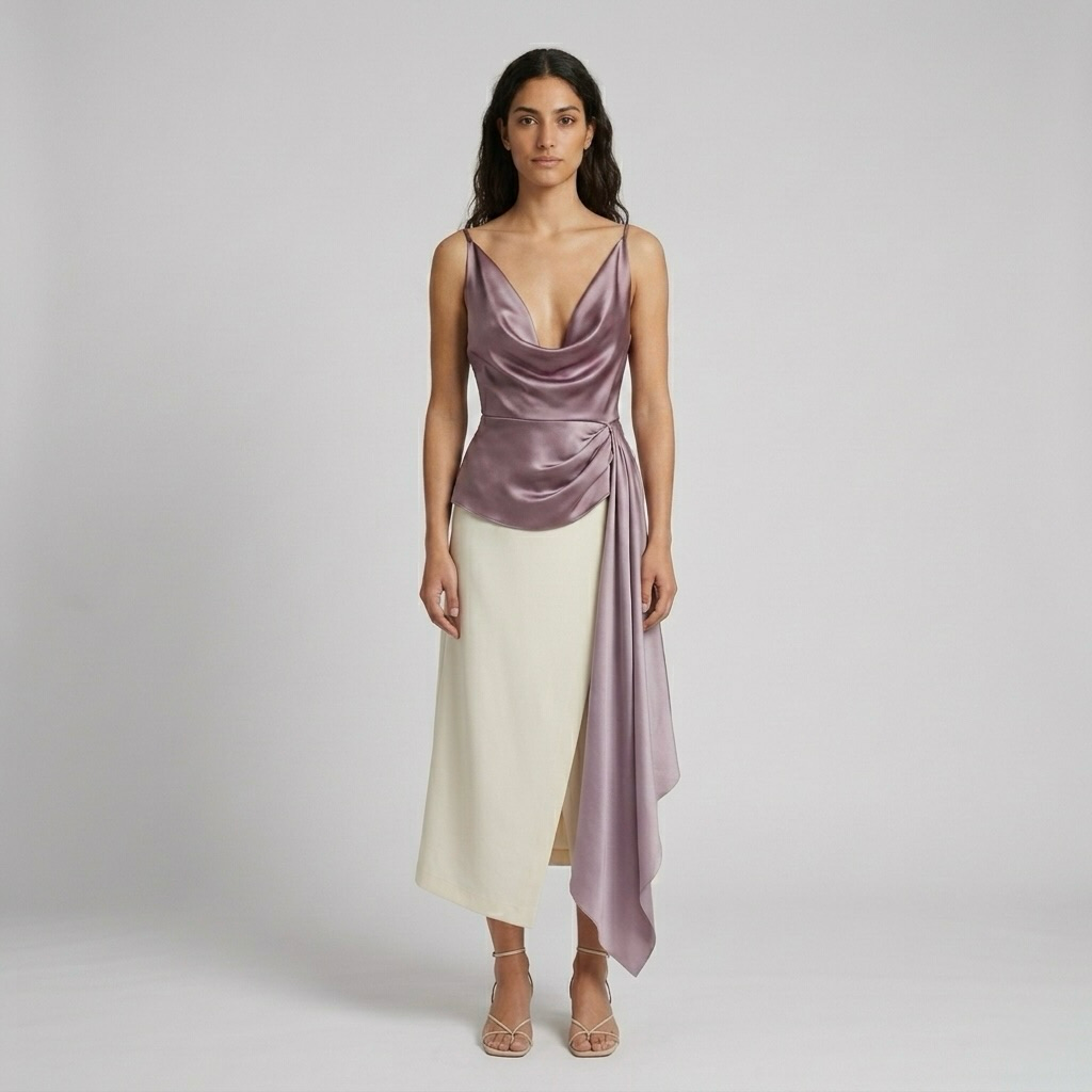 Draped Satin Cowl Neck Top