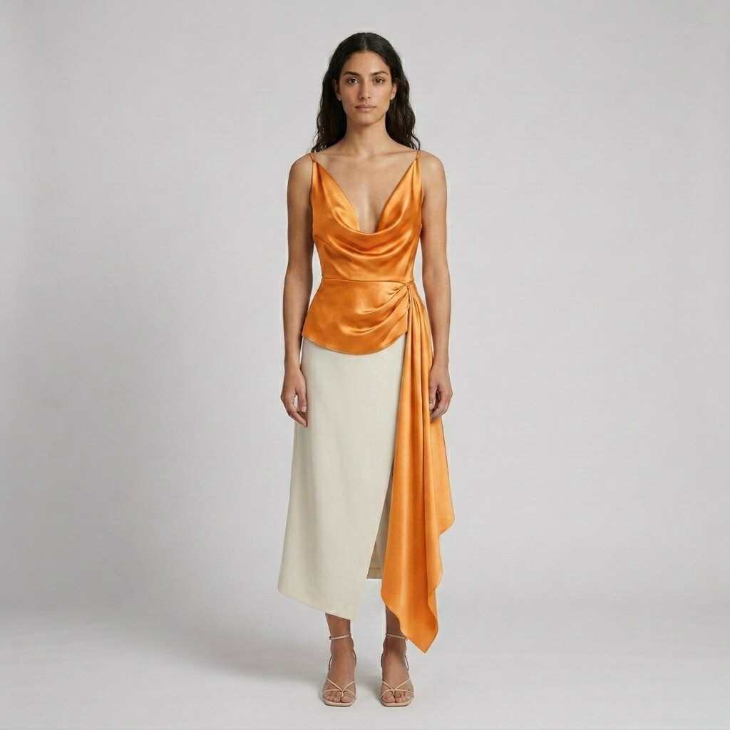 Draped Satin Cowl Neck Top
