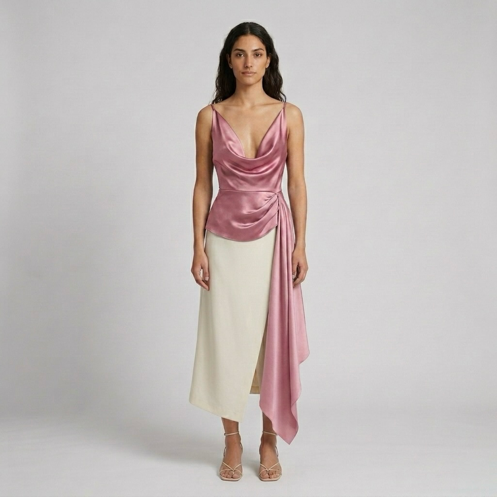 Draped Satin Cowl Neck Top
