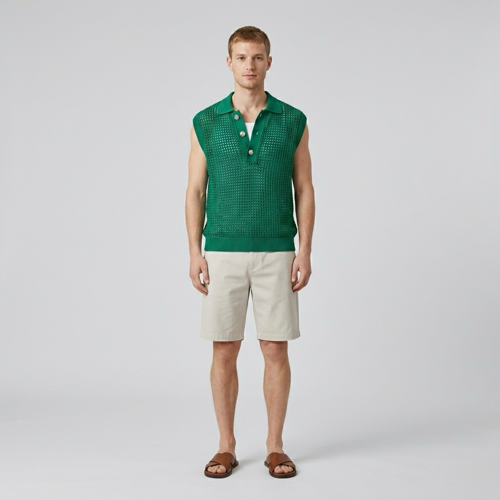 Open-Knit Sleeveless Polo